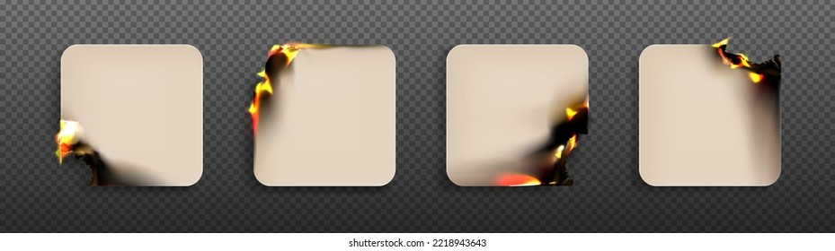 Square paper sheets with burning rounded angles, burnt sticky notes, scorched stickers with smoldering fire on charred corners and ashes isolated on transparent background Realistic 3d vector set