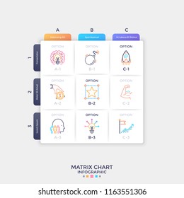 Square Paper White Matrix Chart With Colorful Thin Line Symbols Inside Cells. Table With 9 Options To Choose. Clean Infographic Design Template. Vector Illustration For Presentation, Website.