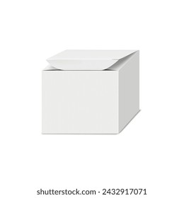 Square paperboard box with slightly opened hinged lid vector mock-up. Open white blank paper carton container packaging realistic mockup. Template for design