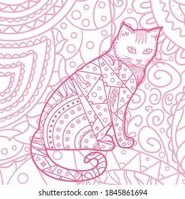 Square pattern with abstract cat. Hand drawn background design for spiritual relaxation for adults
