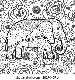 Square pattern with abstract elephant. Hand drawn animal with ornate patterns. Black and white illustration