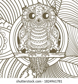 Square pattern. Abstract ornate owl. Hand drawn mandala with abstract patterns