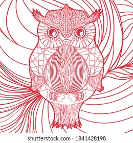 Square pattern with abstract owl. Design Zentangle. Hand drawn background. Colorful art
