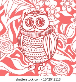 Square pattern with abstract owl. Hand drawn background. Colorful art