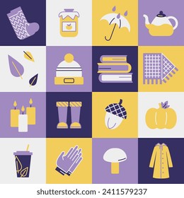 Square pattern autumn icons. Woolen socks, hats, scarf. Scottish print. Jam, kettle, tea. Pumpkin and acorn. Umbrella with rain. Leaves and mushroom. Books and candles. Raincoat. Vector illustration