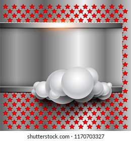The square pattern background and metallic banner with white balls