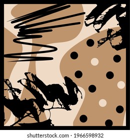 Square pattern with beige and black shape on light beige background. Modern art design for artsy background or hijab scarf and foulard pattern. Fashionable template. Abstract vector 