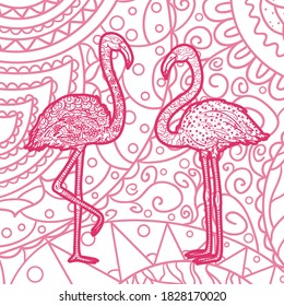 Square pattern with birds. Line art. Hand drawn ornate mandala with flamingos