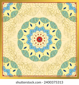 Square pattern with Blue and red colored mandala ornament .mandala style with gold detail.  tile style mandala.hijab scarf and foulard pattern. Fashionable template. foulard, shawl, or carpet pattern.