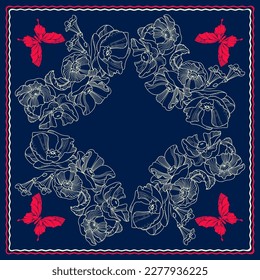 Square pattern with butterflies and poppies. Hand-drawn silhouettes of insects and flowers. A light line on a dark blue background. The Scarf pattern design. Bandana. Vector illustration.