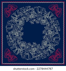 Square pattern with butterflies and poppies. Hand-drawn silhouettes of insects and flowers. A light line on a dark blue background. The Scarf pattern design. Bandana. Vector illustration.