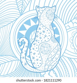 Square pattern with cat. Zentangle. Hand drawn abstract cat. Design for spiritual relaxation for adults