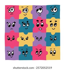 A square pattern of colorful puzzle pieces, each with a unique cartoon face. This playful design is perfect for projects related to childhood, games, and problem-solving.