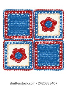 Square pattern crochet outline vector illustration embroidered flowers red blue white background