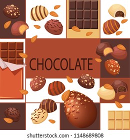 A square pattern decorated with chocolate and sweets. Sweet confectionery. Vector illustration on a green background. Template for a menu or leaflets or a chocolate shop banner. A realistic attractive