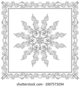 Square pattern with  decorative outline elements of traditional Thai ornament. Suitable for pillow, shawl, bag, napkin. Stock vector illustration. 

