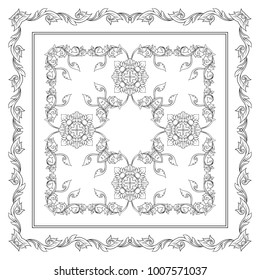 Square pattern with  decorative outline elements of traditional Thai ornament. Suitable for pillow, shawl, bag, napkin. Stock vector illustration. 