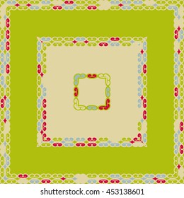 Square pattern design with curves and swirls, decorative frame in green, blue, and red colors, abstract colorful background