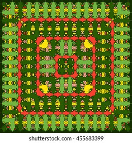 Square pattern design.Decorative varicolored calligraphic background with curves and swirls, green, red, yellow and pink colors