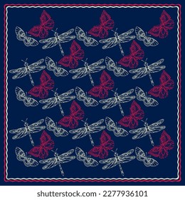 Square pattern with dragonfly and butterfly. Hand-drawn silhouettes of insects. A light line on a dark blue background. The Scarf pattern design. Bandana. Vector illustration.
