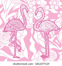 Square pattern with flamingos. Hand drawn floral mandala on isolated background