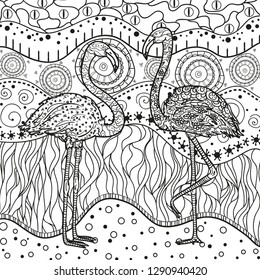 Square pattern with flamingos on white. Ornate birds. Hand drawn foliage mandala on isolated background. Design for spiritual relaxation for adults. Black and white illustration