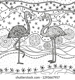 Square pattern with flamingos on white. Ornate birds. Hand drawn foliage mandala on isolated background. Design for spiritual relaxation for adults. Black and white illustration