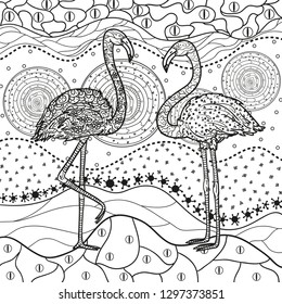 Square pattern with flamingos on white. Ornate birds. Hand drawn foliage mandala on isolated background. Design for spiritual relaxation for adults. Black and white illustration