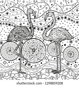 Square pattern with flamingos on white. Ornate birds. Hand drawn foliage mandala on isolated background. Design for spiritual relaxation for adults. Black and white illustration