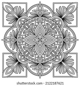 Square pattern in form of mandala with Lotus flower for Henna. Mehndi. tattoo. decoration. Decorative ornament in ethnic oriental style. Outline doodle hand draw vector illustration