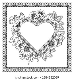 Viereckiger Rahmen mit Blumen für Henna, Mehndi, Tattoo, Dekoration. Dekorative Ornamente im orientalischen Stil. Umrissdoodle Hand ziehen Vektorgrafik.