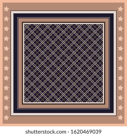 Square pattern with geometric ornament in frame with stars. Handkerchief design.