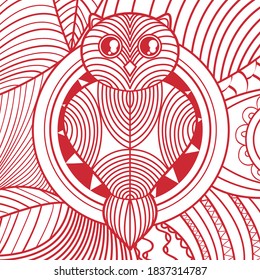 Square pattern with geometric owl. Design for spiritual relaxation for adults