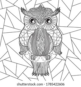 Square pattern with geometric owl. Stained-glass window. Geometric art