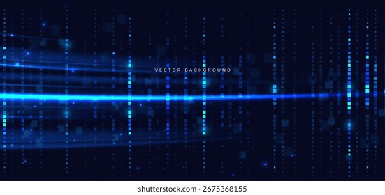 Pixel luminoso de padrão quadrado no plano de fundo azul escuro. Tecnologia de mídia digital, matriz, conceito de comunicação. Ilustração vetorial