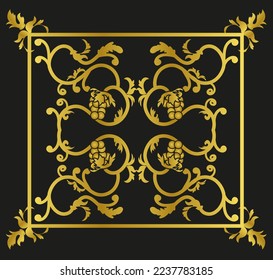 Square pattern with golden intertwined grapevines on black background. 