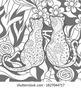 Quadratisches Muster. Handgezeichnete abstrakte Katzen. Design für geistige Entspannung für Erwachsene. Schwarz-Weiß-Illustration