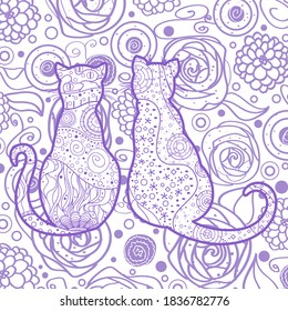 Square pattern. Hand drawn abstract zentangle cats. Design for spiritual relaxation for adults