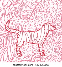 Patrón cuadrado. Perro dibujado a mano. Diseño para la relajación espiritual para adultos. Imprimir para diseño