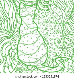 Square pattern. Hand drawn mandala with ornate cat. Design for spiritual relaxation for adults. Print for design