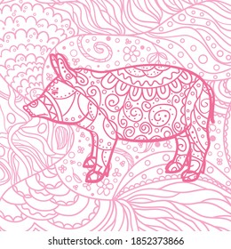 Square pattern. Hand drawn ornate pig. Design for spiritual relaxation for adults