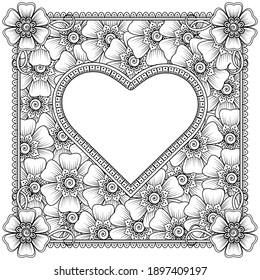 Square pattern heart in form of mandala with flower for henna, mehndi, tattoo, decoration. decorative ornament in ethnic oriental style. coloring book page.