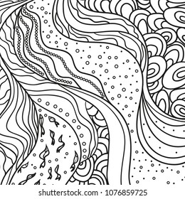 Square pattern with lines and waves. Universal geometric texture. Nautical background. Line art creation. Zen art. Decorative style. Zentangle. Coloring book