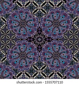 Square pattern with mandala. Bandana print with floral ornament and cute cartoon birds. Vector illustration. Ethnic rug