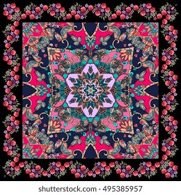 Square pattern with mandala. Bandana print with floral ornament and cute cartoon birds.  Vector illustration. Ethnic rug.