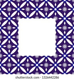 square pattern with navy blue flowers - invitation, greetings card, porcelain indigo decorative art frame, beautiful ceramic ornament border, indigo batik frames, vector illustration