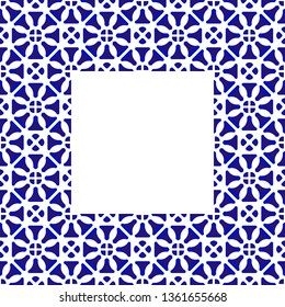 square pattern with navy blue flowers - invitation, greetings card, porcelain indigo decorative art frame, beautiful ceramic ornament border, vector illustration