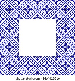 square pattern with navy blue flowers - invitation, greetings card, porcelain indigo decorative art frame, beautiful ceramic ornament border, indigo batik frames, vector illustration