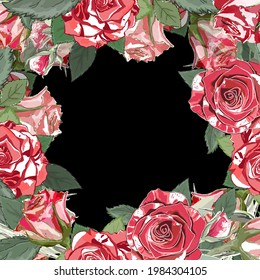 Square pattern on a black background. Red and white roses with leaves and green branches. Vector illustration. Wedding. Valentine's Day. March 8. Use as greetings, wedding cards, etc.