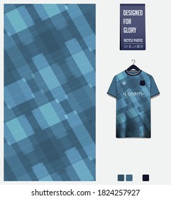 Square pattern on blue background for soccer jersey, football kit, bicycle, e-sport, basketball, sports uniform, t-shirt mockup template. Fabric textile design. Abstract sport background. Vector